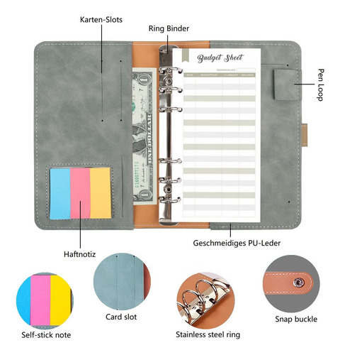 Planejador De Orçamento A6 Ring Binder Com Bolsos E Envelope