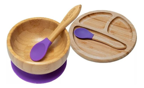 Plato Para Bébé Y Bowl De Bambú Antiderrapante + Cubiertos Color Morado Liso