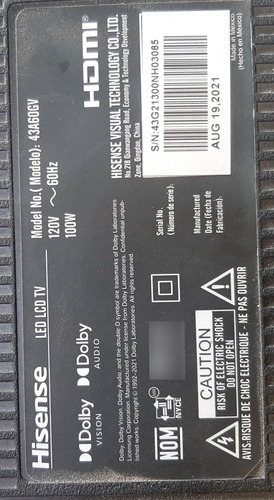 Main + T Con Hisense 43a60gv Rsag7.820.10908 (Usado)