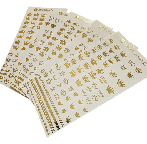 Stickers Tatuajes Uñas Coronas Y Diamantes 6 Planillas Oro