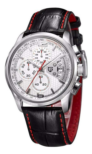 Relógio Pagani Design Branco E Vermelho Pulseira Couro Preto