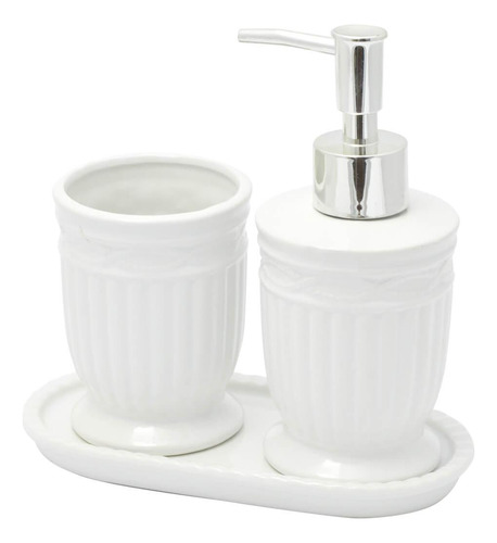 Kit Banheiro Lavabo Branco Com Dispenser 3 Peças 4617 Prata