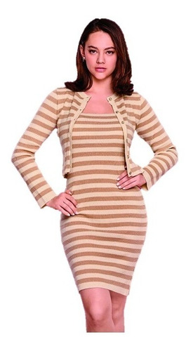 Vestido Rayas Dama Ajustado Con Sweater Beige 305-71  2x1