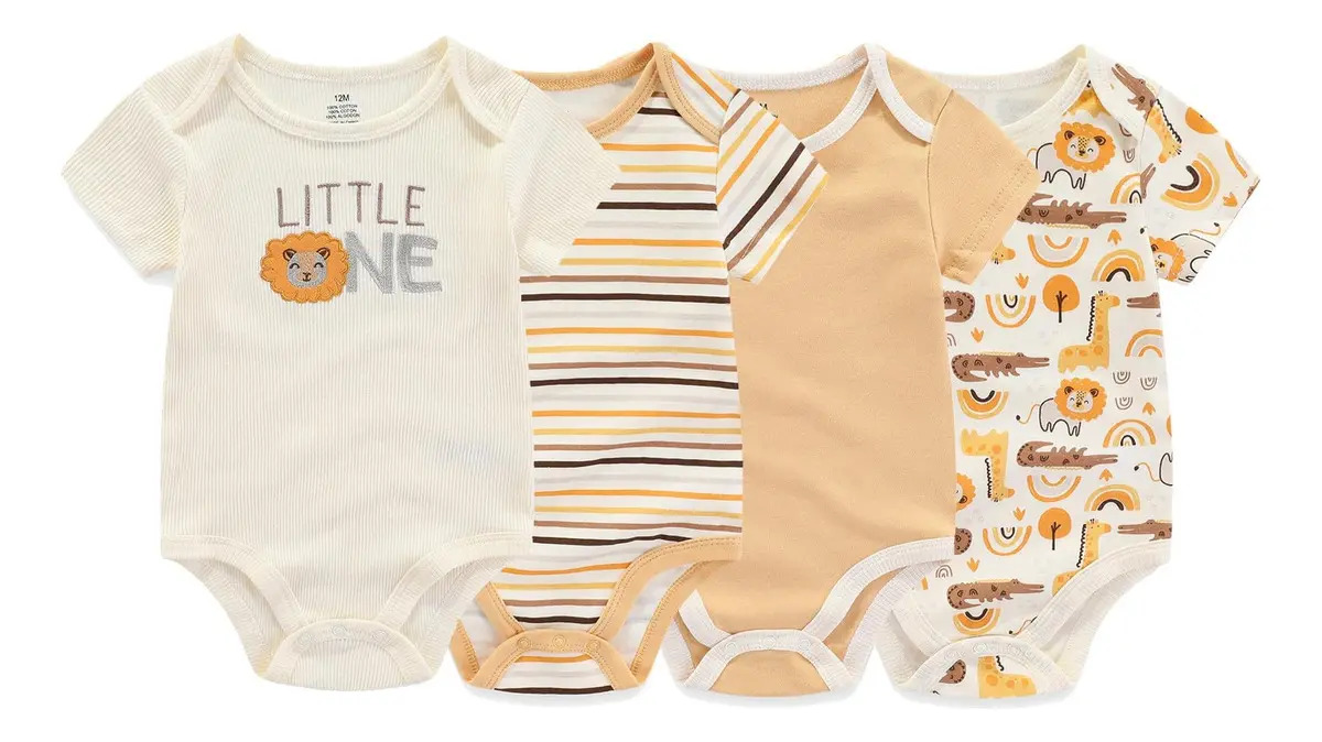 Pack 4 Pañaleros Algodón Manga Corta Para Bebé Niño Niña Color Amarillo Talla 9m