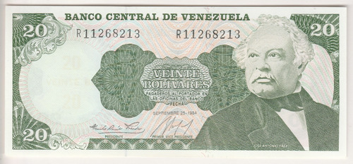 Billete Venezuela 20 Bolívares Septiembre 25 1984 R8 Unc