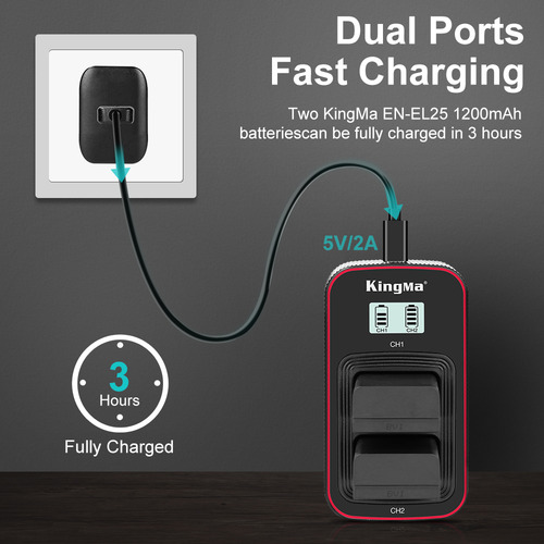 Carregador USB duplo + 2 baterias Kingma para Nikon Z30 Z50 Z50ii Zfc EN-EL25 EN-EL25a
