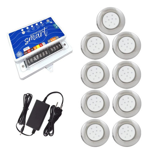 Kit 9 Led Piscina 9w Inox Azul + Comando Wifi Azul