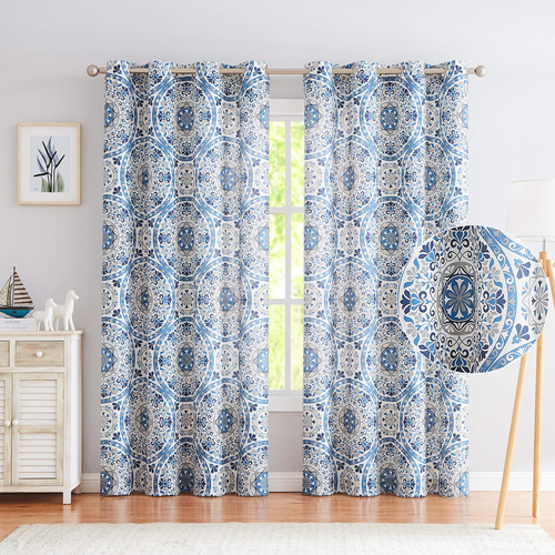 Romantex Cortina Ventana Semitransparente Ojal Medallon Azul