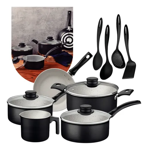 Jogo  De Panelas Tramontina 9 Peças Turim Antiaderente Preto Preto