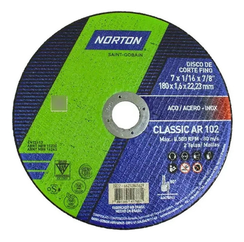 Disco De Corte Clasic Para Ac.inox Norton 180x1.6mm H Y T