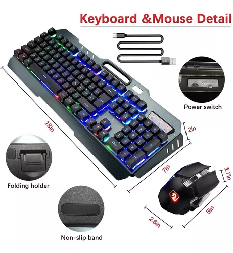 Combo de teclado y mouse inalámbricos para juegos, receptor inalámbrico  tipo C 2.4G, batería recargable con retroiluminación LED de 3800 mAh