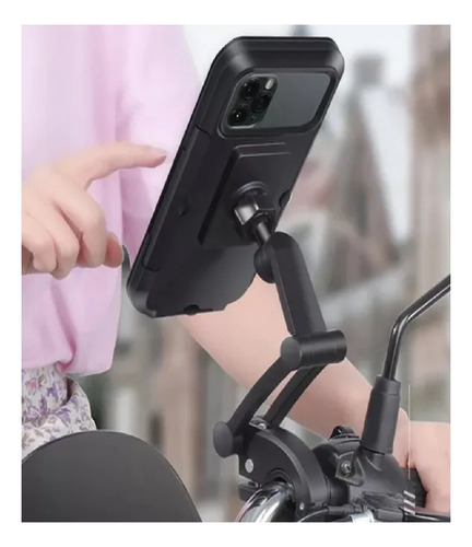 Soporte Celu Moto Bici Funda 360°+ Visor Trasero Impermeable Negro Lisa