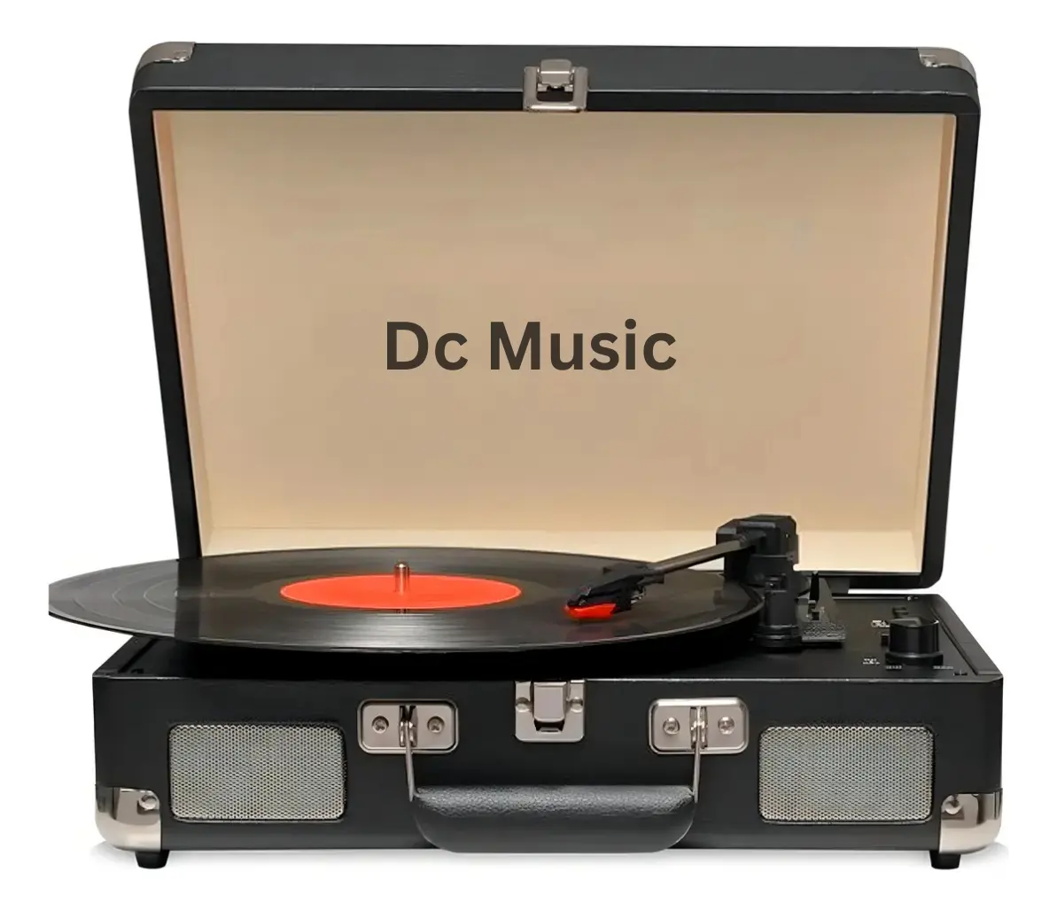 Vitrola Anos 80 Maleta Dc Music aberta sobre fundo branco, com disco de vinil no prato e caixas de som embutidas nas laterais