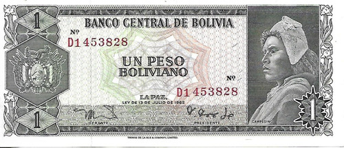 Bolivia 1 Boliviano Año 1962 Reforma Agraria Ex+ Palermo