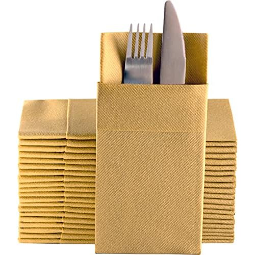 Gold Dinner Napkins Cloth Like With Builtin Flatware Po...