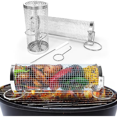 Rolling Grilling Baskets For Outdoor Grilling, 2-(7.7in...