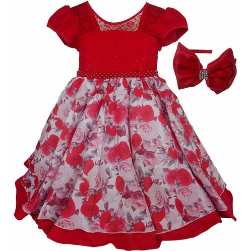 Vestido Infantil Floral Vermelho Luxo C/ Tiara 4/16 Anos