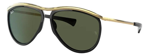 Óculos de sol Ray-Ban Aviator Olympian Standard armação de metal cor polished black/gold, lente green de cristal clássica, haste gold de metal - RB2219