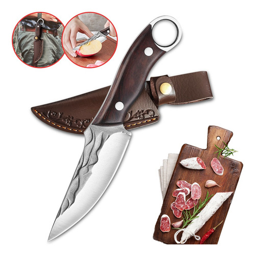 Cuchillo Chef De Cocina Forjado A Mano Con Funda De Cuero Marrón