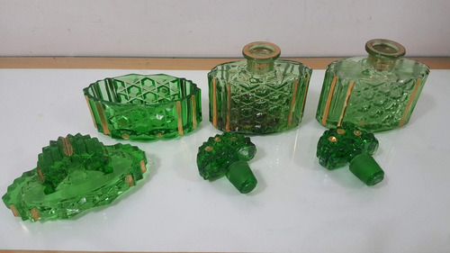 Antiguo Perfumeros Polvera Despojador Cristal Tallado Set Gd (Usado)