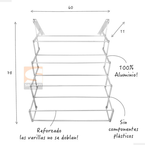 Imagen 5 de 8 de Tendedero Tender Pared Extensible Aluminio 60 Cm Reforzado