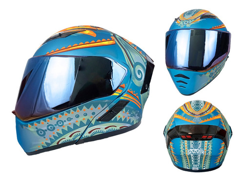 Casco Kov Estelar Peek Azul Abatible Para Moto Con Luz Stop