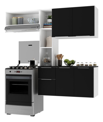 Armário Cozinha Compacta Com Balcão Sofia Multimóveis V2002 Cor Branco/Preto
