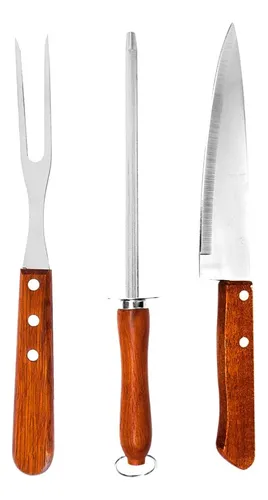 Kit Churrasco Garfo Faca Chaira Assador Inox Madeira 3pçs