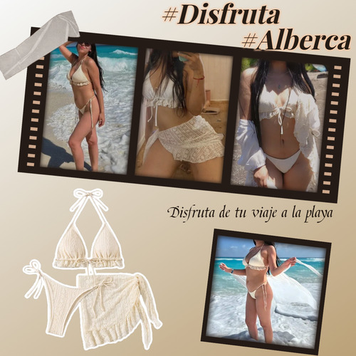 Bikini De 3 Piezas Con Encaje Floral Y Falda Pareo,volantes