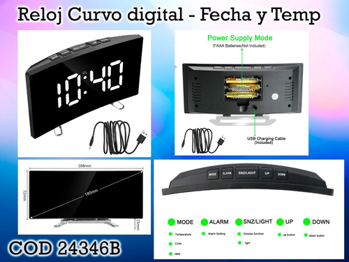 Reloj Curvo Tipo Espejo Digital Led Blanco Ó Verde 