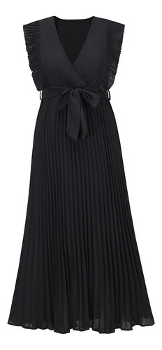 Vestido Negro Con Mangas De Loto Y Falda Plisada De Chiffon