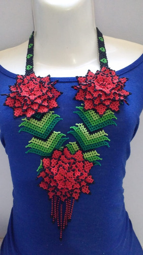 Conjunto Collar Y Anillo 3d Gardenia Roja Hecho De Chaquira