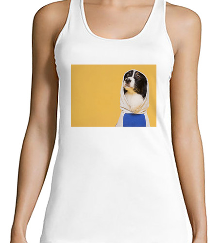 Musculosa Mujer Perros 7 Pug Frente Fondo Celeste