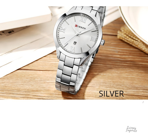 Reloj de lujo Curren 9007 para mujer con caja en V, correa de colores plateada