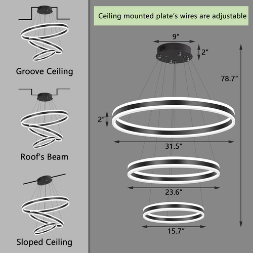 Candelabro Led Moderno Para Comedor De 3 Anillos Regulables