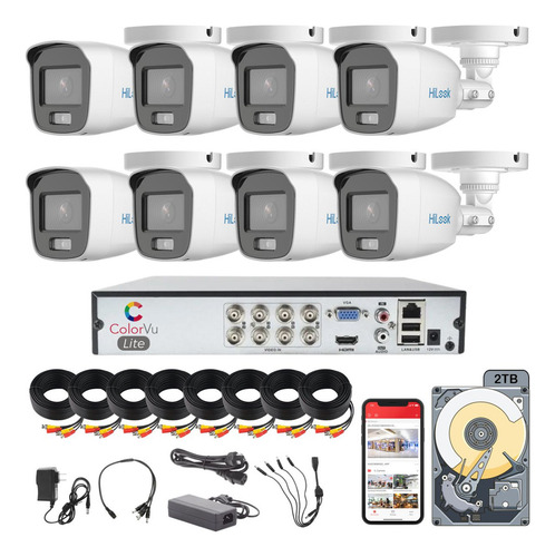 Kit Circuito Cerrado Hilook Dvr 8 Canales 8 Camaras 1080p 2mp Full Hd Thc-b129-p Colorvu Video A Color 24/7 Cable Coaxial 18mts y Disco Duro 2tb