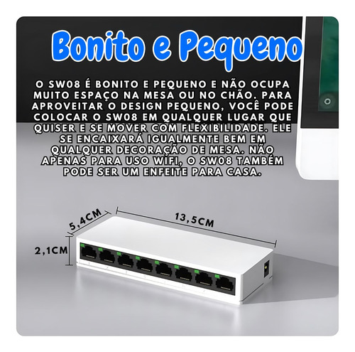 Switch 8 Portas Hub Cabo 10/100 Mbps Rede Ethernet Rj45