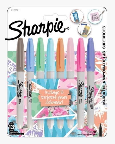 Marcadores Sharpie Pastel X8 Colores + 5 Tarjetas Colorear