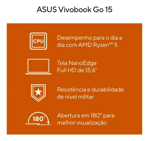 Notebook Asus Vivobook Go 15 E1504 Amd Ryzen 5 7520u 8gb Ram 256gb Ssd Linux Keepos 15,6 Fhd Black E1504fa-nj731 Preto