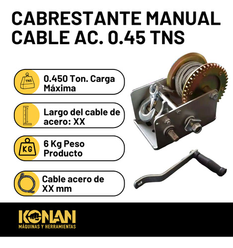 Malacate Manual Konan Tkmc/05 3 450 Kg 10 M Cable