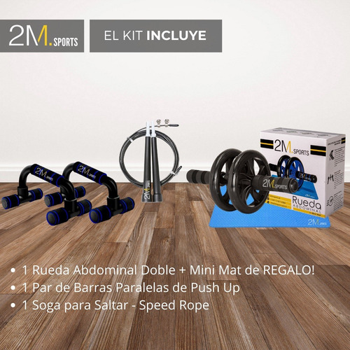 Imagen 7 de 10 de Kit Fitness Rueda Abs + Soga + Barras Push Up Entrenamiento