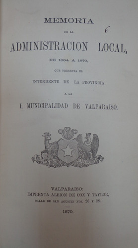 Memoria Municipalidad Intendente Valparaíso 1870