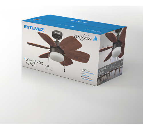 Coolfan Ventilador Techo 30 Pulgadas Lombardo, Control Cadena Con Luz Con 6 Aspas Reversibles