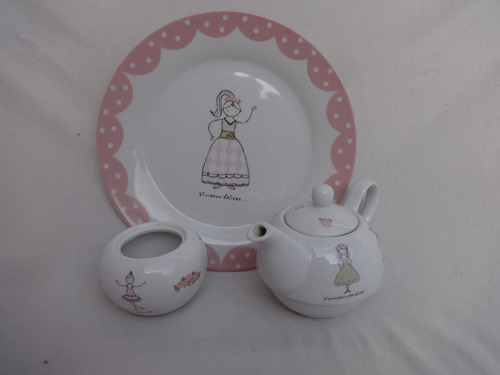 Lote Plato Tetera Azucarera Loza Ars Divinis Shabby Infantil