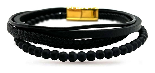 Pulsera Acero Dorado Hombre Caucho Y Piel Cuádruple Negro