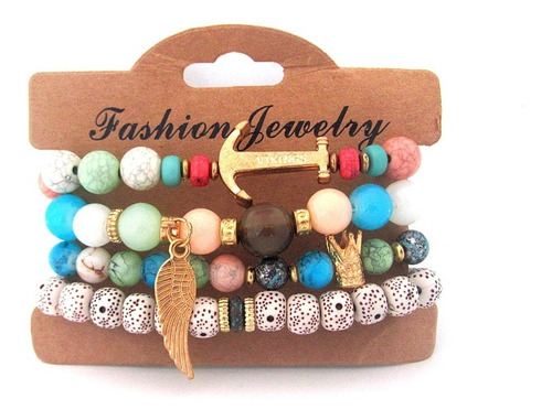 Pulsera Dama Corona Set Manilla X 4 Dijes Ancla Ala Corona