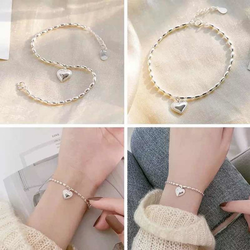 V Pulsera Grano De Arroz Corazón De Plata Esterlina