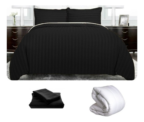 Imagen 1 de 6 de Set Duvet 4 Pzas Negro Líneas Microfibra King