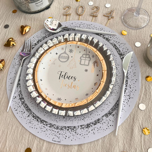 Navidad Platos De Sitio Individual Mantel 20u De Papel Blanco Confetti Plateado