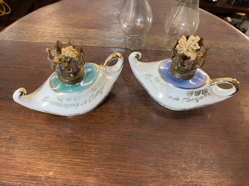 Par De Lamparina Querosene Antiga Em Cristal E Porcelana (Usado)